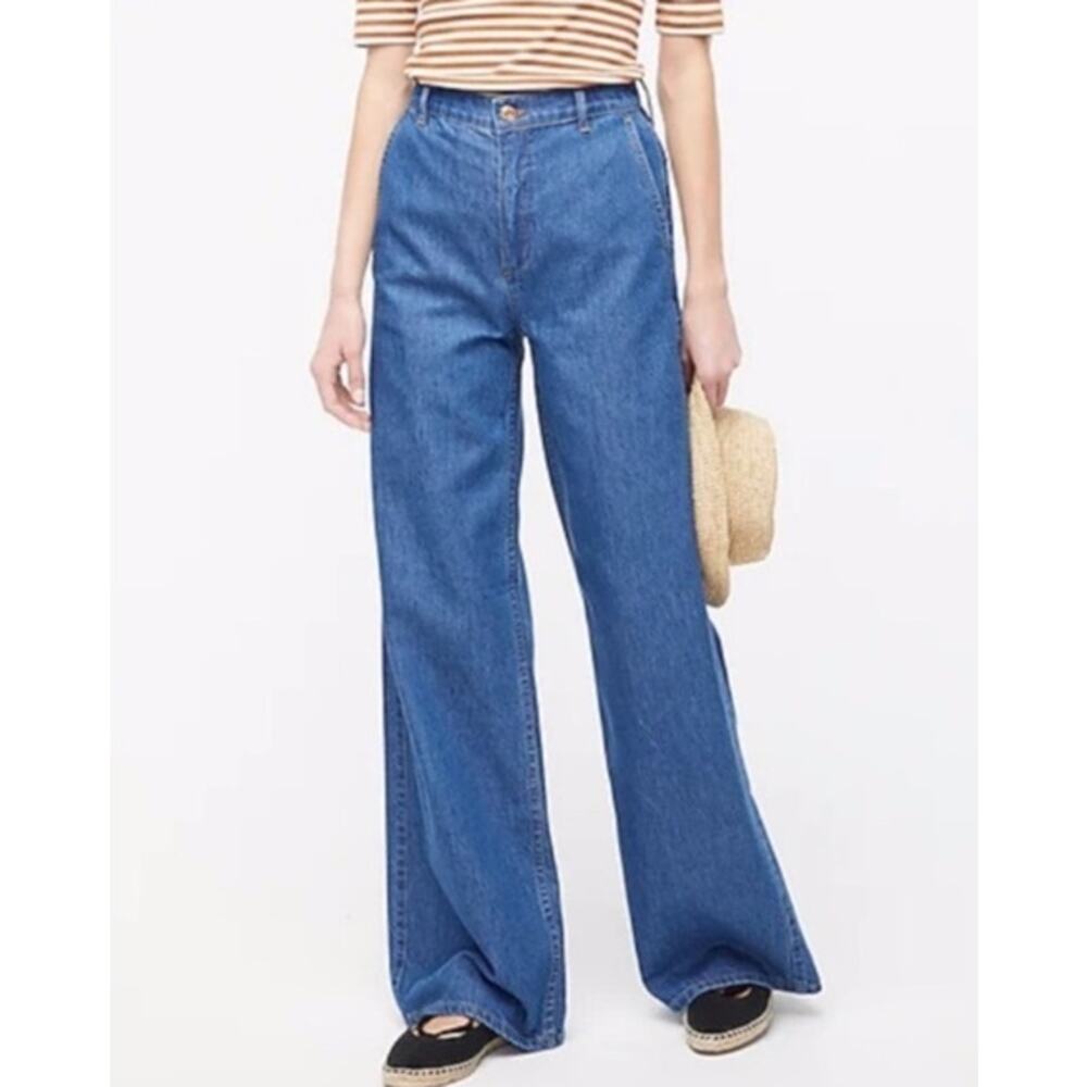 J. Crew High Rise Drapey Trouser Jean Full Length Wide Leg Medium Wash Blue